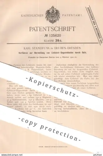original Patent - Karl Standfuss , Dresden / Deuben | 1900 | Herst. von Celluloid - Gegenstand durch Guss | Puppe Puppen