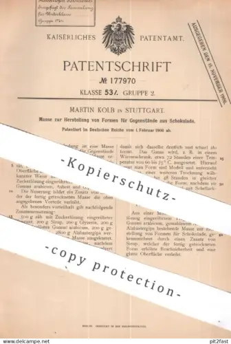 original Patent - Martin Kolb , Stuttgart | 1902 | Formen für Gegenstände aus Schokolade | Hohlkörper , Schoko , Zucker