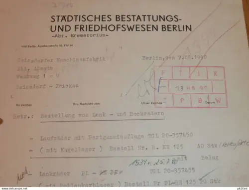 Städtisches Bestattungs- und Friedhofswesen Berlin - Krematorium , 1990 , altes Dokument , Reklame / Werbung