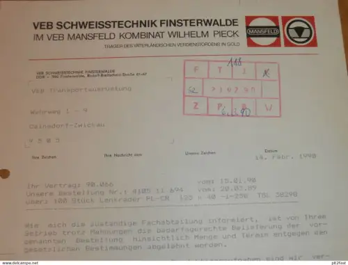 VEB Schweisstechnik Finsterwalde , VEB Mansfeld , 1990 , Herr Kuntzsch , altes Dokument , Reklame / Werbung