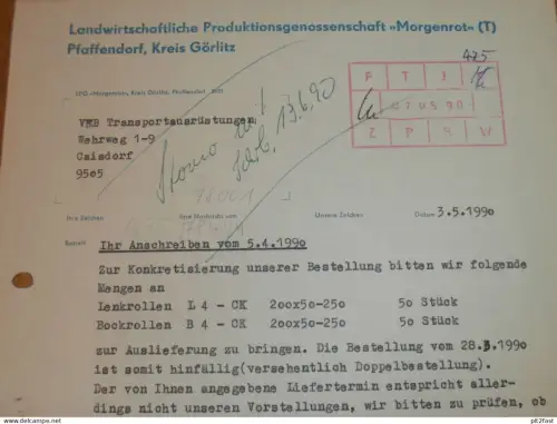 LPG "Morgenrot" in Pfaffendorf b. Görlitz , 1990 , Herr Raupach , altes Dokument , Reklame / Werbung