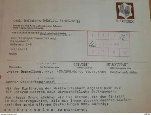 VEB Lefatex in Freiberg und Schwerin , 1990 , Herr Weinmeister , Herr Seidel , altes Dokument , Reklame / Werbung