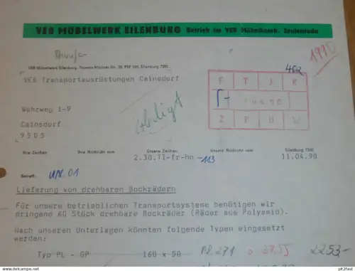 VEB Möbelwerk Eilenburg , 1990 , Zeulenroda , Herr Strahlendorff , Herr Friedrich , altes Dokument , Reklame / Werbung