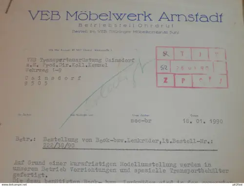 VEB Möbelwerk Arnstadt / BT Ohrdruf , 1990 , Herr Weber , altes Dokument , Reklame / Werbung