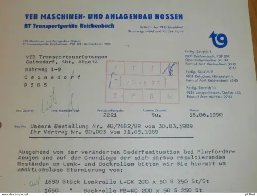 VEB Maschinenbau Nossen / Reichenbach , 1990 , Herr Suhr , altes Dokument , Reklame / Werbung