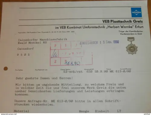 VEB Plasttechnik Greiz , Umformtechnik Erfurt , 1990 , Herr Wohlrab , Herr Knarr , altes Dokument , Reklame / Werbung