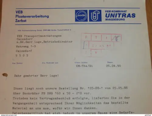 VEB Plasteverarbeitung Zerbst - UNITRAS , 1990 , Herr Theberath , Herr Luge , altes Dokument , Reklame / Werbung