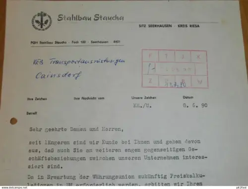 PGH Stahlbau Staucha , Sitz Seerhausen b. Riesa , 1990 , Herr Käseberg , altes Dokument , Reklame / Werbung