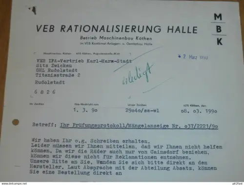 VEB Rationalisierung Halle / Köthen , 1990 , Herr Mertens , Herr Sallmann , altes Dokument , Reklame / Werbung