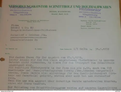 Holzkontor in Magdeburg / Stendal , 1959 , Herr Wisse , Herr Griep , altes Dokument , Reklame / Werbung
