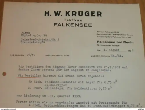 Tiefbau - H.W. Krüger in Falkensee , 1959 , altes Dokument , Reklame / Werbung