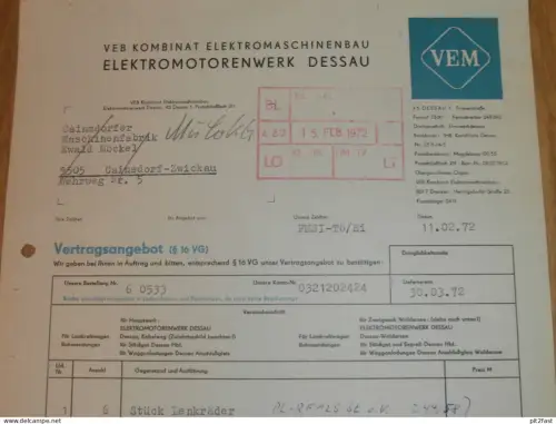 VEB Kombinat Elektromaschinenbau in Dessau , 1972 , Herr Tögel , Fr. Nowak , altes Dokument , Reklame / Werbung
