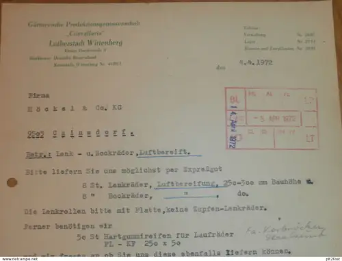 Gärtnerische PGH " Convallaria " in Lutherstadt Wittenberg , 1972 , altes Dokument , Reklame / Werbung !!