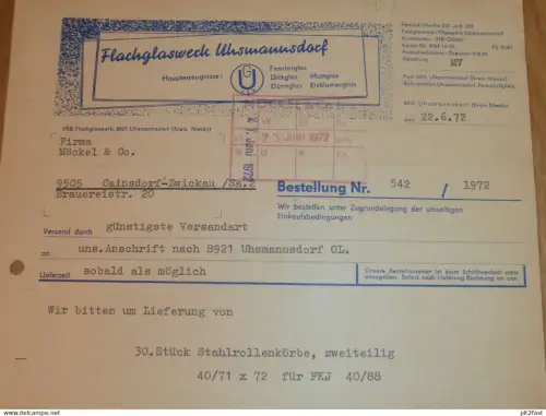 Flachglaswerk Uhsmannsdorf b. Rothenburg , 1972 , Herr Bartsch , Herr Burczyk , altes Dokument , Reklame / Werbung !!
