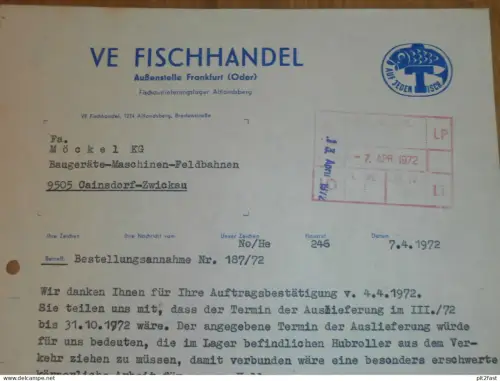 VE Fischhandel Frankfurt a. Oder / Altlandsberg , 1972 , Herr Noack , altes Dokument , Reklame / Werbung !!
