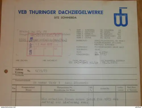 VEB Dachziegelwerk Sömmerda , 1972 , altes Dokument , Reklame / Werbung !!