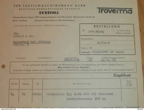 VEB Textilmaschinenbau - TEXTIMA in Gera / Crimmitschau , 1972 , TROVERMA , altes Dokument , Reklame / Werbung !!