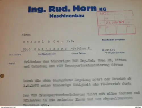 Maschinenbau - Rudolf Horn KG in Zittau , 1972 , altes Dokument , Reklame / Werbung !!