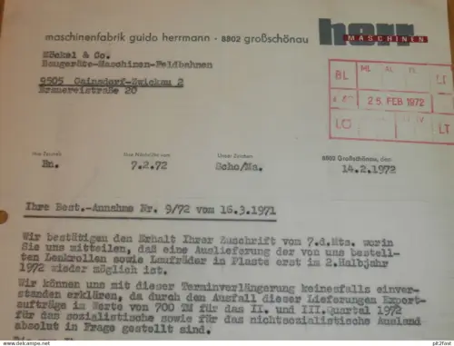 Maschinenfabrik - Guido Herrmann in Großschönau , 1972 , Herr Reichel , altes Dokument , Reklame / Werbung !!