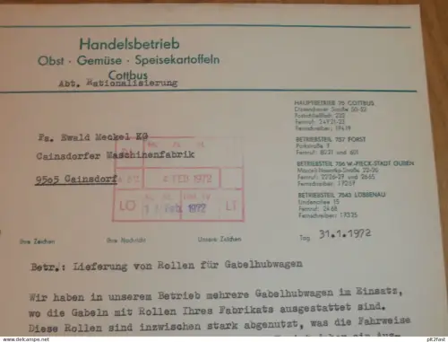 Handelsbetrieb - Obst , Gemüse und Kartoffeln in Cottbus , 1972 , Herr Krüger , altes Dokument , Reklame / Werbung !!