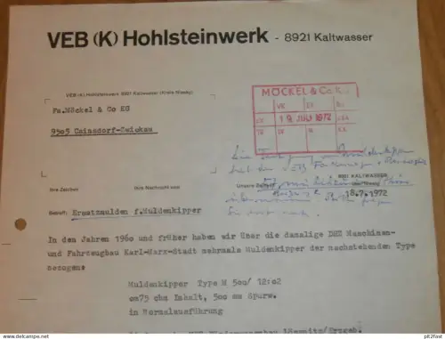 VEB Hohlsteinwerk in Kaltwasser b. Niesky , 1972 , altes Dokument , Reklame / Werbung