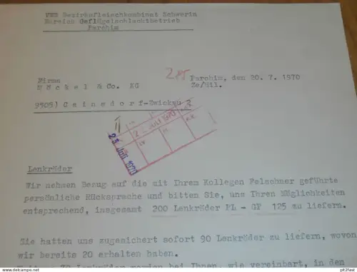 VEB Geflügel-Schlachtbetrieb Parchim , 1970 , Fleischkombinat Schwerin , Herr Zech , altes Dokument , Reklame / Werbung