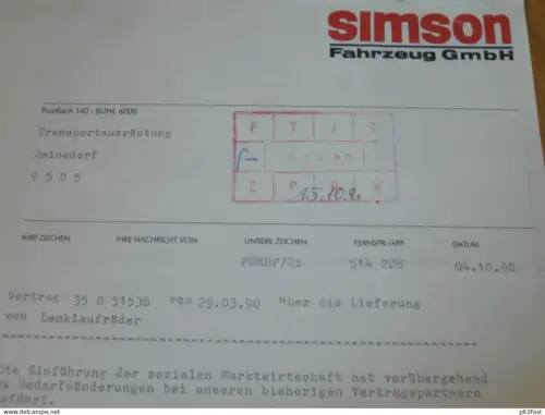 SIMSON Fahrzeug GmbH in Suhl , 1990 , Herr Recknagel , Herr Stobbe , altes Dokument , Reklame / Werbung