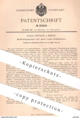 original Patent - Julius Pintsch , Berlin | 1894 | Befestigungsart für Auer'sche Glühkörper | Glühlampe , Brenner | Auer