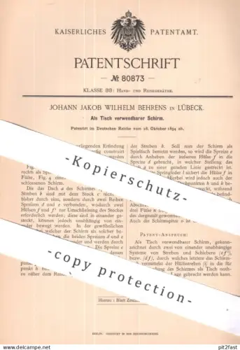 original Patent - Johann Jakob Wilhelm Behrens , Lübeck | 1894 | Tisch & Schirm | Stativ , Dreibein , Stock