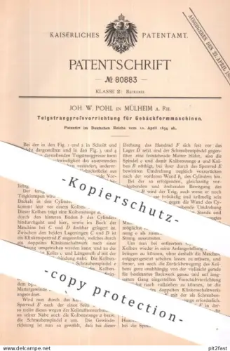 original Patent - Joh. W. Pohl , Mülheim a. Rh. | 1894 | Teigstrangpresse für Gebäck - Formmaschine | Presse , Bäckerei