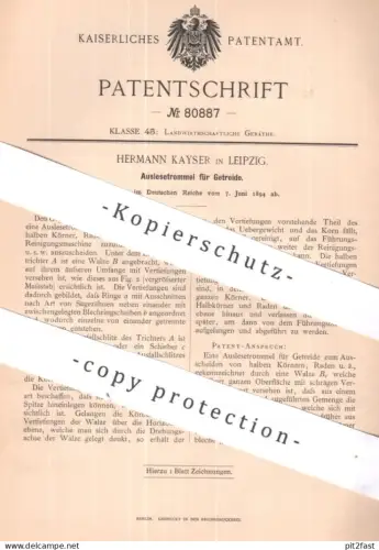 original Patent - Hermann Kayser , Leipzig | 1894 | Auslesetrommel für Getreide | Trommel , Trichter , Mühle , Mühlen