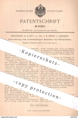 original Patent - Herrmann & Ranft , Dr. A. B. Meyer , Dresden | 1894 | Anheben von Pultplatten | Pult , Museum , Hebel