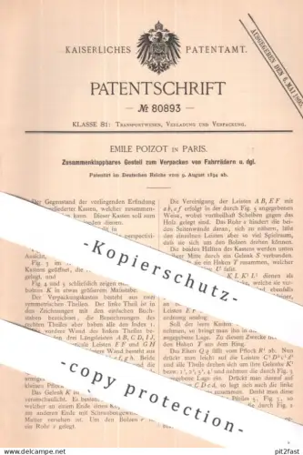 original Patent - Emile Poizot , Paris Frankreich | 1894 | Gestell zum Verpacken v. Fahrrad | Transport , Kiste