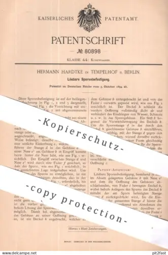 original Patent - Hermann Hardtke , Berlin / Tempelhof | 1894 | Lösbare Sporenbefestigung | Sporn , Sporen | Kurzwaren