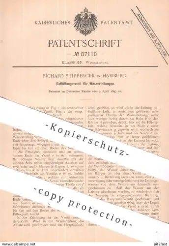 original Patent - Richard Stipperger | Hamburg | 1895 | Entlüftungsventil für Wasserleitungen | Ventil Wasser | Klempner