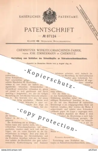 original Patent - Chemnitzer Werkzeugmaschinen Fabrik vorm. Joh. Zimmermann, Chemnitz | 1895 | Schraubenschneidmaschine