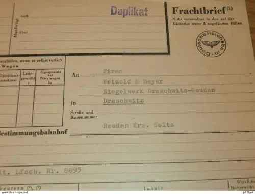Frachtbrief - Reichsbahn , Draschwitz / Reuden b. Zeitz , Zwickau , Feldbahn , 1959 , altes Dokument , Reklame / Werbung