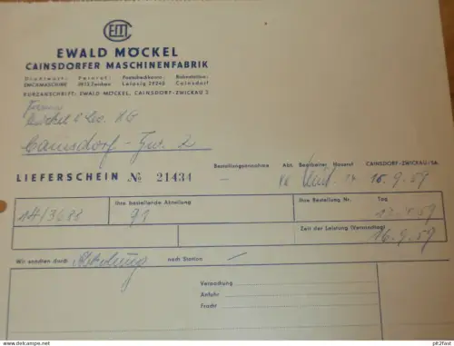 Ewald Möckel - Maschinenfabrik Cainsdorf b. Zwickau , 1959 , Schmalspur ,  Feldbahn , altes Dokument , Reklame / Werbung