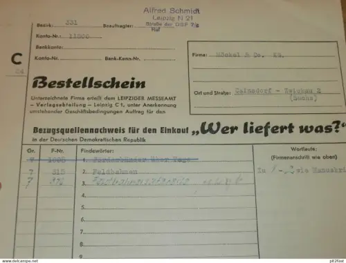 DDR - Bezugsquellennachweis für den Einkauf , Alfred Schmidt in Leipzig , Feldbahn , altes Dokument , Reklame / Werbung