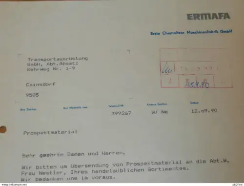 ERMAFA - erste Machinenfabrik in Chemnitz , 1990 , Herr Beyer , altes Dokument , Reklame / Werbung
