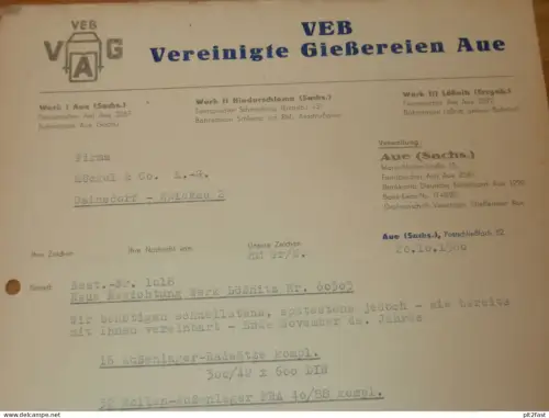 VEB Vereinigte Gießerei Aue , 1960 , altes Dokument , Reklame / Werbung