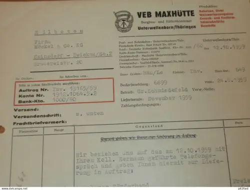 Bergbau- und Hüttenkombinat - VEB Maxhütte in Unterwellenborn i. Thüringen , 1959 , altes Dokument , Reklame / Werbung !