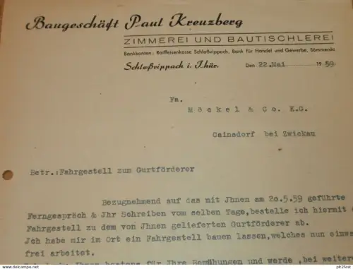 Tischlerei - Paul Kreuzberg in Schloßvippach i. Thüringen , 1959 , bei Sömmerda , altes Dokument , Reklame / Werbung !