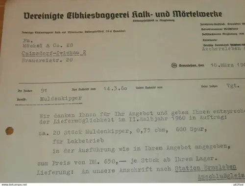Elbkiesbaggerei Kalk- und Mörtelwerke in Ermsleben / Aschersleben , 1960 , Magdeburg altes Dokument , Reklame / Werbung
