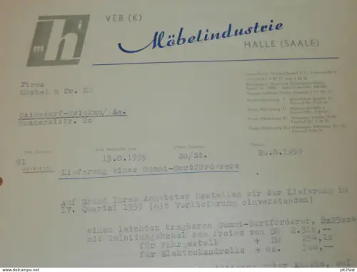 VEB Möbelindustrie Halle a. Saale , 1959 , Herr Wagner , Herr Schulze , altes Dokument , Reklame / Werbung !
