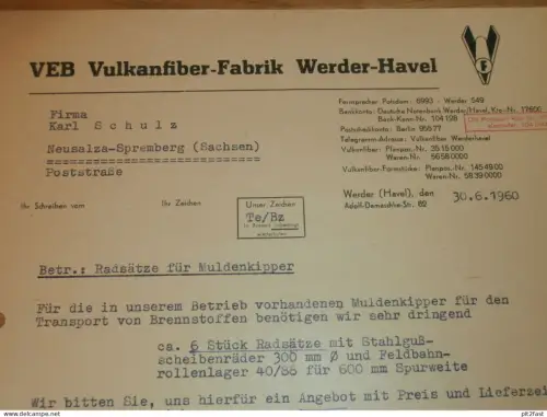 VEB Vulkanfiber-Fabrik in Werder a. Havel , 1960 , altes Dokument , Reklame / Werbung !