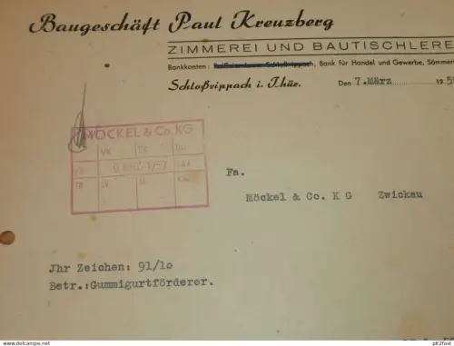 Tischlerei - Paul Kreuzberg in Schloßvippach i. Thüringen , 1959 , bei Sömmerda , altes Dokument , Reklame / Werbung !