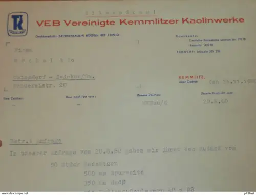 VEB Kaolinwerke Kemmlitz b. Oschatz , 1960 , altes Dokument , Reklame / Werbung !