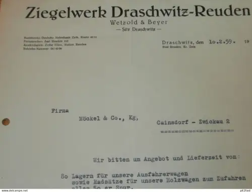 Wetzold & Beyer - Ziegelwerk Draschwitz - Reuden , 1959 , altes Dokument , Reklame / Werbung !