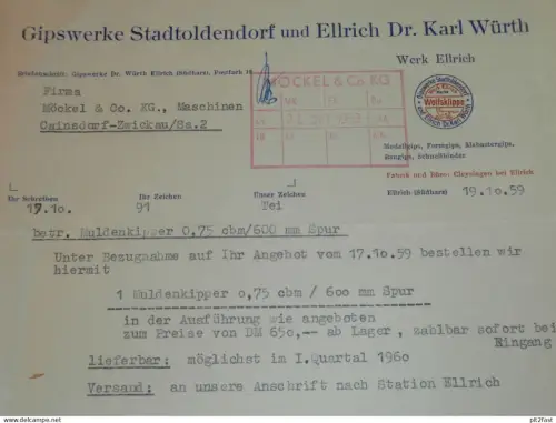 Gipswerke Stadtoldendorf und Ellrich - Dr. Karl Würth , 1959 , altes Dokument , Reklame / Werbung !
